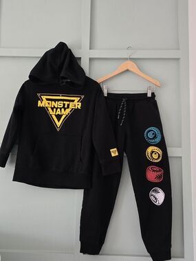 Monster Jam Kids Black Hoodie & Joggers Set with Multicolor Tire Graphics